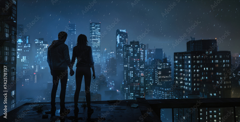 Fototapeta premium Man and woman holding hands on top of building looking at view of city buildings, AI generated Image