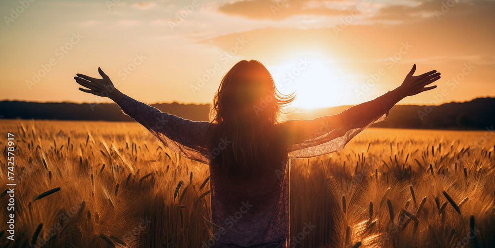 Woman Arms Up Hands Raised Field Praise Sunset - obrazy, fototapety, plakaty 