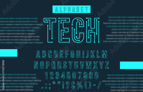 Futuristic cyber tech font, neon typeface, modern type, English computer alphabet letters, digits and punctuation marks. Vector blue chip microcircuit glowing abc uppercase characters, electric signs