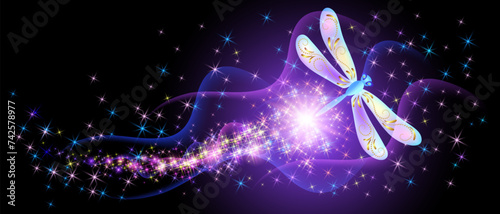 Flying delightful dragonfly and flowers with sparkle and blazing trail flying in night sky among shiny glowing stars in cosmic space. Love and romance concept.