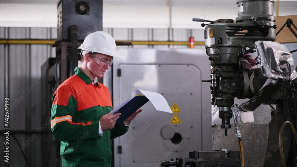 Industry engineer wearing safety uniform control operating lathe grinding machine working with detail document on hand in industry factory is metal manufacture industry concept.
Industry engineer wearing safety uniform control operating lathe grinding machine working with detail document on hand in industry factory is metal manufacture industry concept.