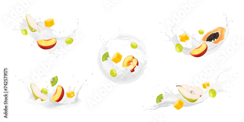 White yogurt drink, milk swirl and wave splash with tropical fruits. Realistic isolated 3d vector set of milky shakes with fresh peach, grape berries, kiwi slices and papaya half, pear or mango dice