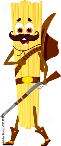 Cartoon linguine Italian pasta cowboy and sheriff, bandit and robber, ranger character. Isolated vector spaghetti noodle cattleman personage with gun, firing flavor-packed justice across the Wild West