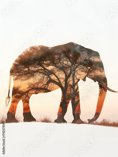 Double exposure elephant and savannah