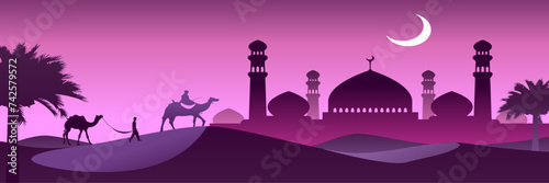 Man riding camel in desert night with mosque and crescent moon background, arabia desert landscape night view, silhouette vector illustration, Islam or Ramadan concept. Pro vector of Ramadan. © Mahnoor