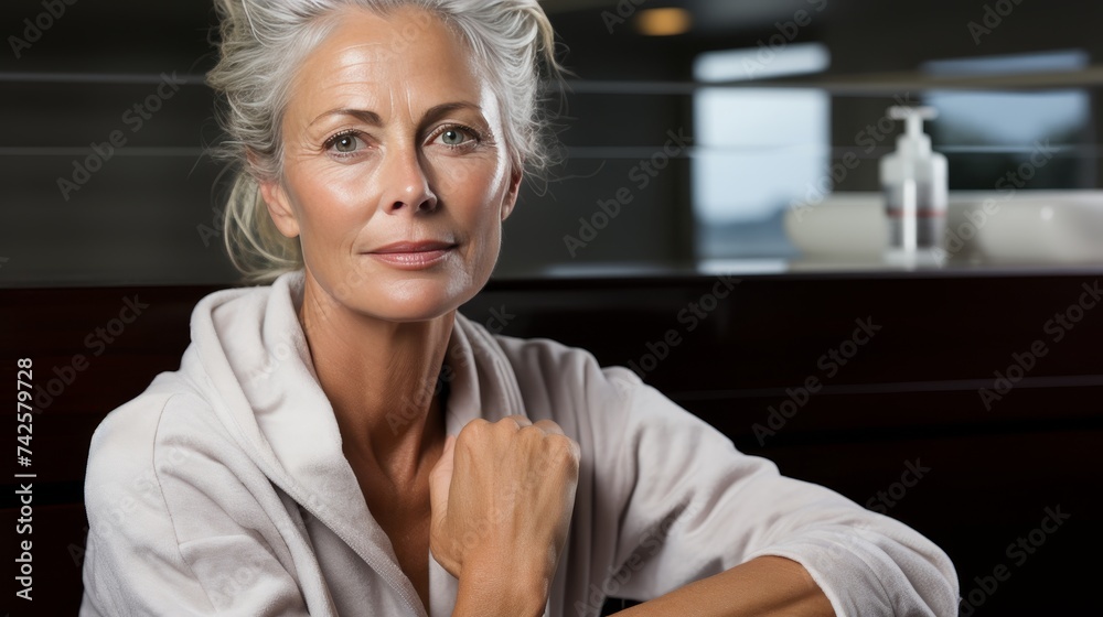 Mature grey woman applying cream while sitting in bathroom at home Mature grey woman applying cream while sitting in bathroom at home