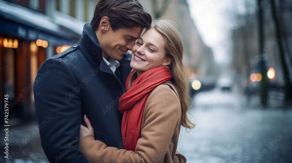 Loving couple embracing on a snowy city street