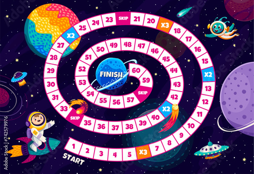 Board step game with galaxy space planets, kid astronaut on rocket, ufo and alien. Vector riddle for players advancing through celestial realms and cosmic challenges, stellar journey of skill and fun