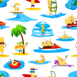 Cartoon pasta characters on summer beach, seamless pattern. Textile vector print with rigati, spaghetti, fettuccine and cavatappi, conchiglioni pasta cute personage surfing, swimming on vacation