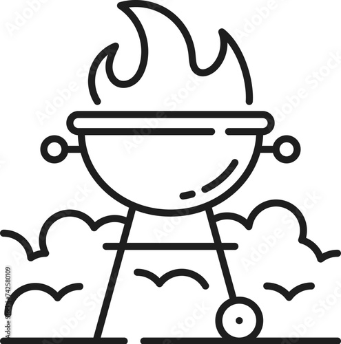 Real estate thin line icon with BBQ zone grill. House rent market linear symbol, real estate property, loan company or dwelling sale service outline vector sign or pictogram with barbeque grill
