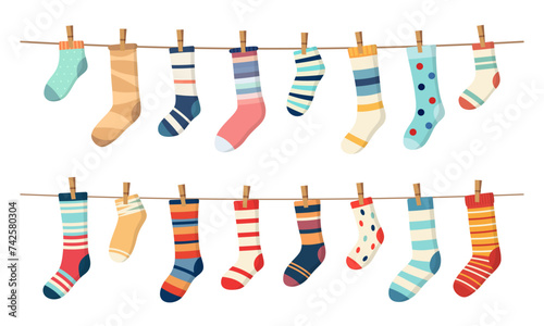 Socks on clothesline, cotton or wool socks hanging on rope with clothespins, cartoon vector. Socks laundry on line with pins, socks with color ornament pattern hanging on clothesline for kids design