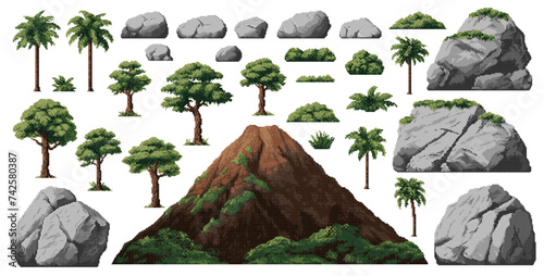 Dinosaur era environment pixel game assets, palms, stones and volcano mountain, vector set. Jurassic world 8bit pixel game elements of stone rocks and green trees for dinosaur island adventure #742580387