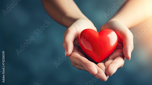 Hand holding red heart  World health day  Health care and mental health concept  Health insurance  Charity volunteer donation  World heart day  Self love  copy space  realistic - generative ai