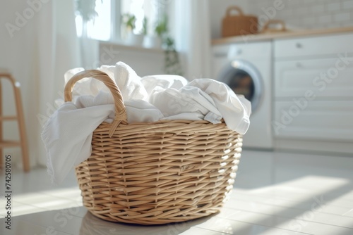 Laundry basket full with dirty laundry in front of the washing machine in the bathroom