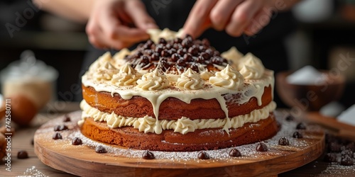 A delicious cake with honey, cream, and chocolate, showcasing the culinary artistry of a chef.