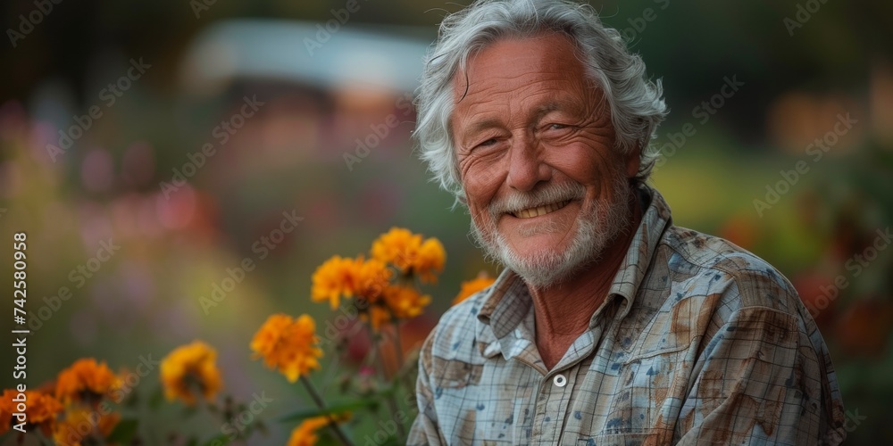 A joyful grandfather, retired and satisfied, enjoying his hobby of gardening in the countryside during summer. A joyful grandfather, retired and satisfied, enjoying his hobby of gardening in the countryside during summer.
