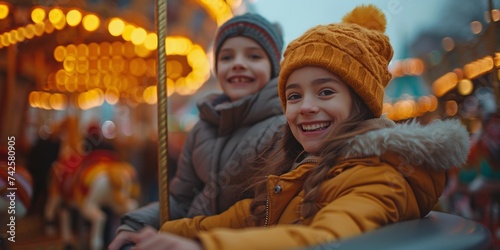 Childhood friends, a boy and a girl, enjoying Christmas festivities at an amusement park. © Iryna