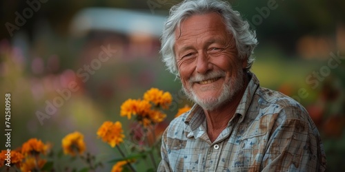 A joyful grandfather, retired and satisfied, enjoying his hobby of gardening in the countryside during summer.