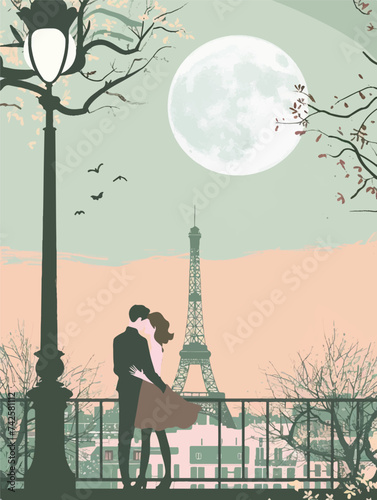 Minimalistic drawing of a couple in Paris with Eiffel Tower on the background, vectorial illustration, love in France