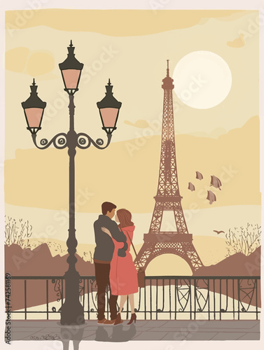 Minimalistic drawing of a couple in Paris with Eiffel Tower on the background, vectorial illustration, love in France