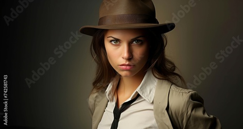 Mujer detective seria con sombrero y actitud confiada photo