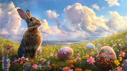 Easter celebration - cute bunny and colorful eggs in a spring meadow