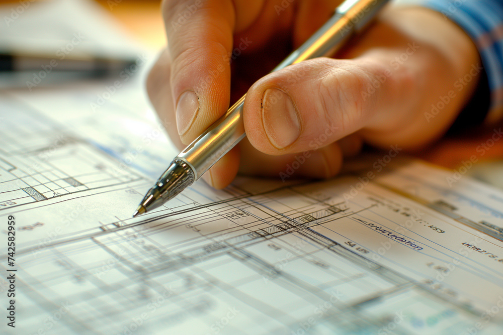 Engineers holding a red pen pointing to a building on a blueprint Engineers holding a red pen pointing to a building on a blueprint