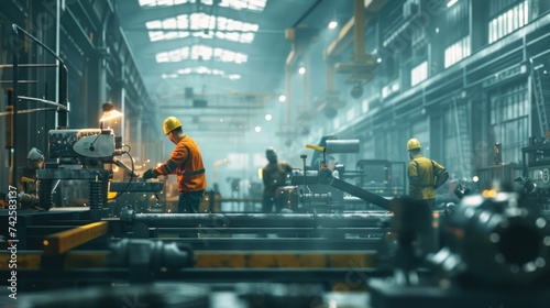Inside a heavy engineering factory with industrial workers using angle grinders and metal pipe cutters. Contractors produce safety suits and hard hats. metal structure