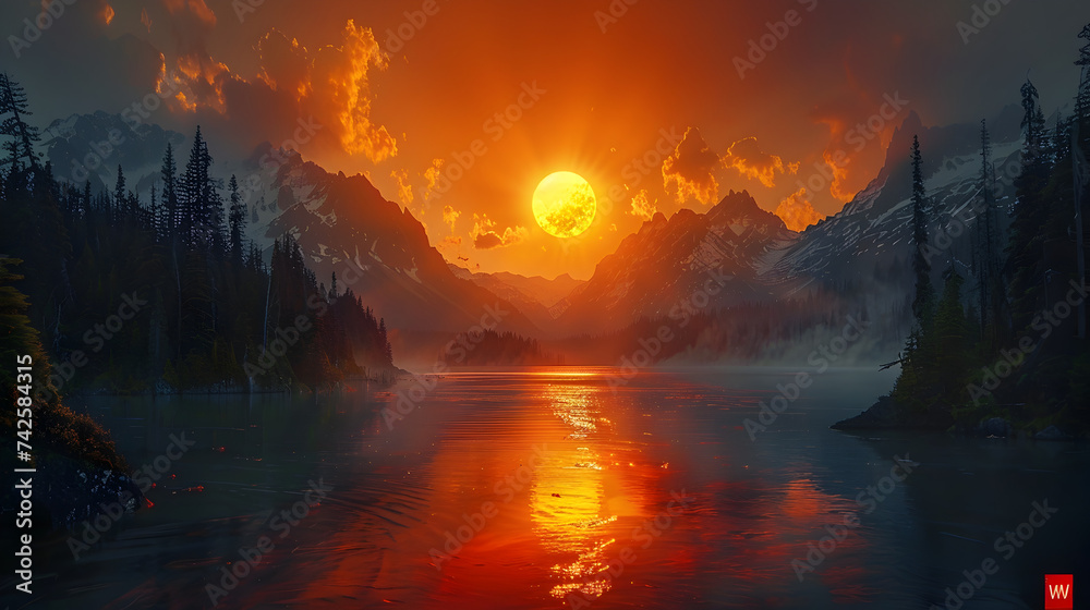 Fantastic View, A serene sunset over a glistening lake surrounded by nature, Sunrise landscape scene 