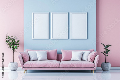 Frames mock up on color wall hanging above cozy home sofa. Modern living room comfortable stylish trendy couch posters decor background. Empty blank pictures canvas interior design decoration mockup .