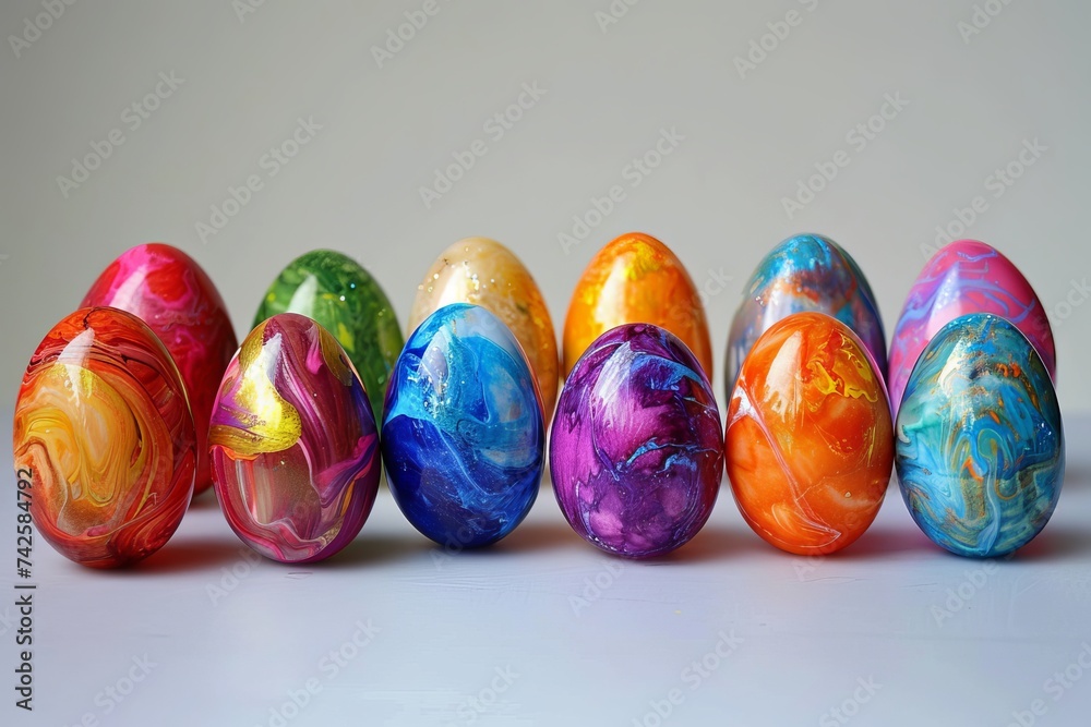 Handmade Easter eggs in vibrant colors on white background Handmade Easter eggs in vibrant colors on white background