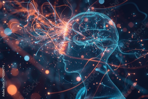 AI Brain Chip brainwave. Artificial Intelligence emitting human medical informatics mind circuit board. Neuronal network neon smart computer processor computer aided design