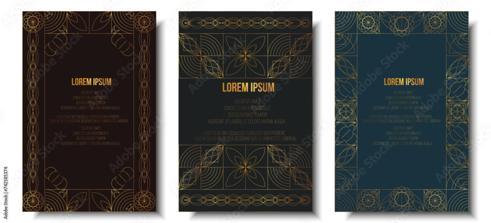 Naklejka premium Elegant modern classic frame line gold ornament invitation card, background, flyer, template, brochure set. Decor for gala card, grand opening, wedding, awards text 