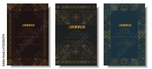 Elegant modern classic frame line gold ornament invitation card, background, flyer, template, brochure set. Decor for gala card, grand opening, wedding, awards text  
