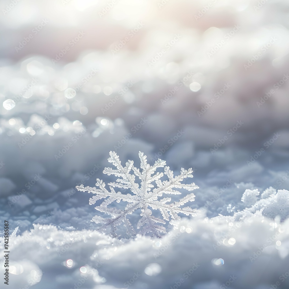 Snow in winter close-up. Macro Image of snowflakes, winter Christmas holiday background