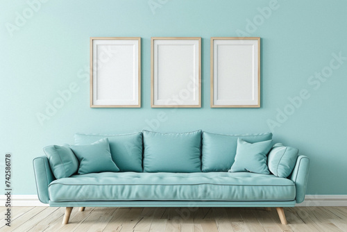 Frames mock up on color wall hanging above cozy home sofa. Modern living room comfortable stylish trendy couch posters decor background. Empty blank pictures canvas interior design decoration mockup . © Art AI Gallery