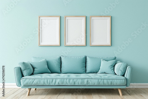 Frames mock up on color wall hanging above cozy home sofa. Modern living room comfortable stylish trendy couch posters decor background. Empty blank pictures canvas interior design decoration mockup .