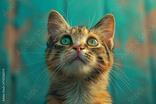 Calico cat gazing curiously against a vibrant turquoise background. 