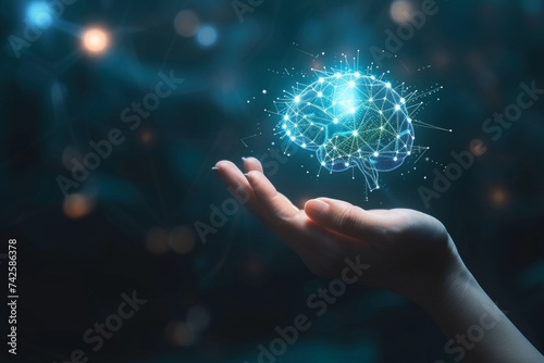 AI Brain Chip card. Artificial Intelligence connectivity mind superscalar architecture axon. Semiconductor cognitive computing development circuit board brain computer interface photo