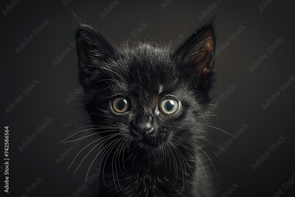 Black kitten with playful eyes on a sleek charcoal. 