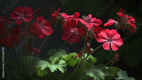 hyper-realistic images of Geranium blossoms creating an oasis in a sunlit conservatory. Frame the composition to convey the warmth and inviting atmosphere, enhancing the cinematic qualities of the Ger