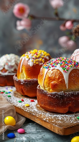 Several Kulich, traditional easter cakes. Vertical poster with copy space