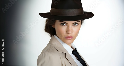 Mujer detective elegante con sombrero en ambiente oscuro photo