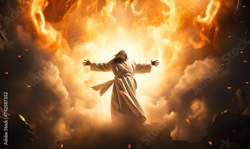 Spiritual depiction of Ascension Day with a radiant Jesus Christ in white robes rising amidst golden light, symbolizing enlightenment and divine presence