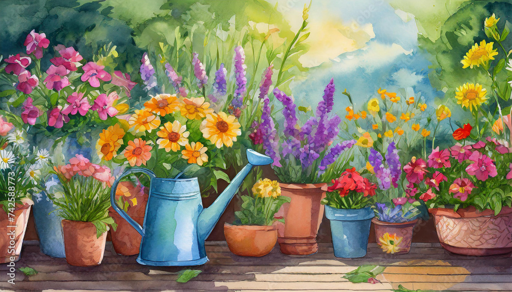 flowers in pots and watering can, garden background