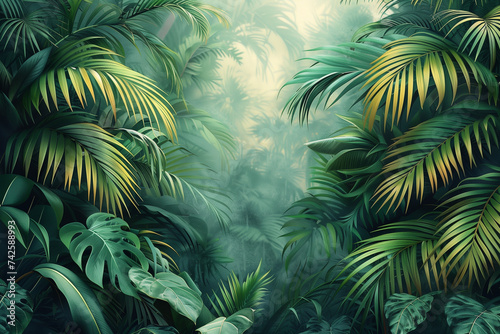 A painting depicting a dense jungle filled with vibrant green leaves and lush vegetation  with copy space