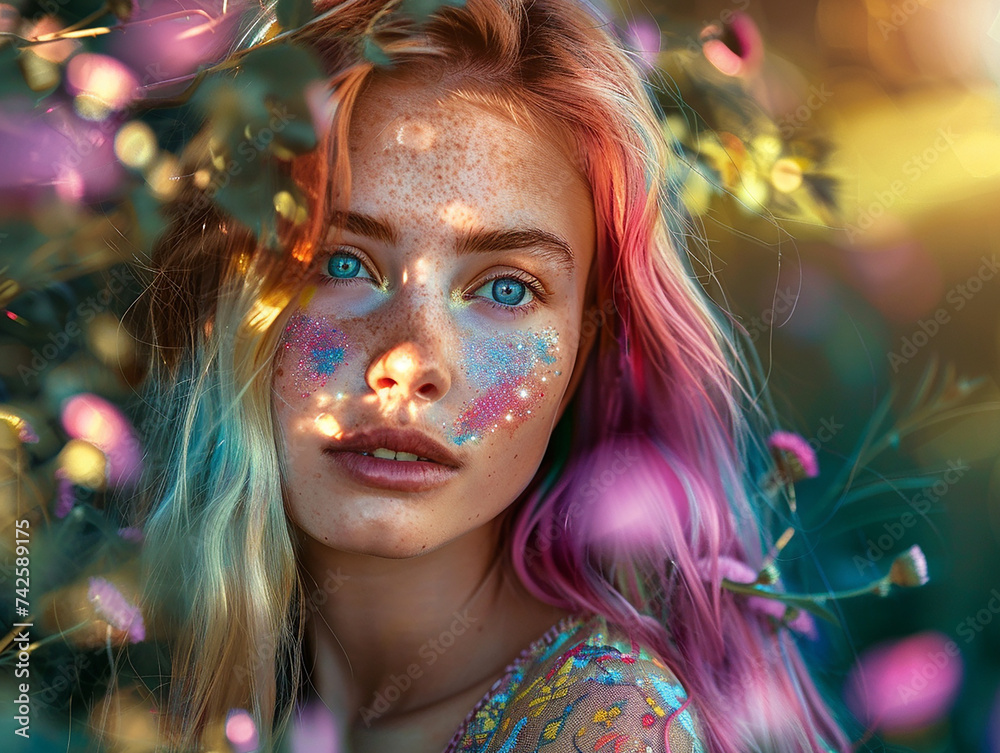 Fabulous beautiful girl with multi-colored hair in nature Fabulous beautiful girl with multi-colored hair in nature