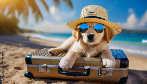 A cute golden retriever puppy dog with a straw hat and sunglasses lying on a suitcase at the beach, the concept of travel and life with animals