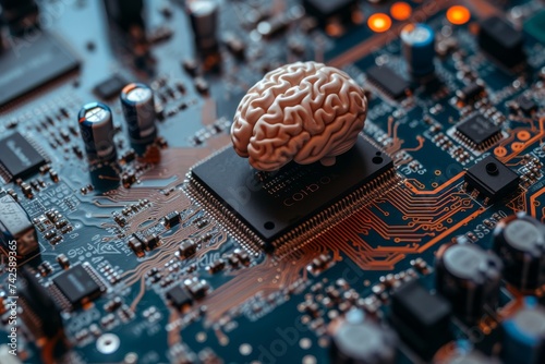 AI Brain Chip opportunities. Artificial Intelligence neurotransmitter human visionary vision mind circuit board. Neuronal network healthtech startups smart computer processor neurotrophins photo