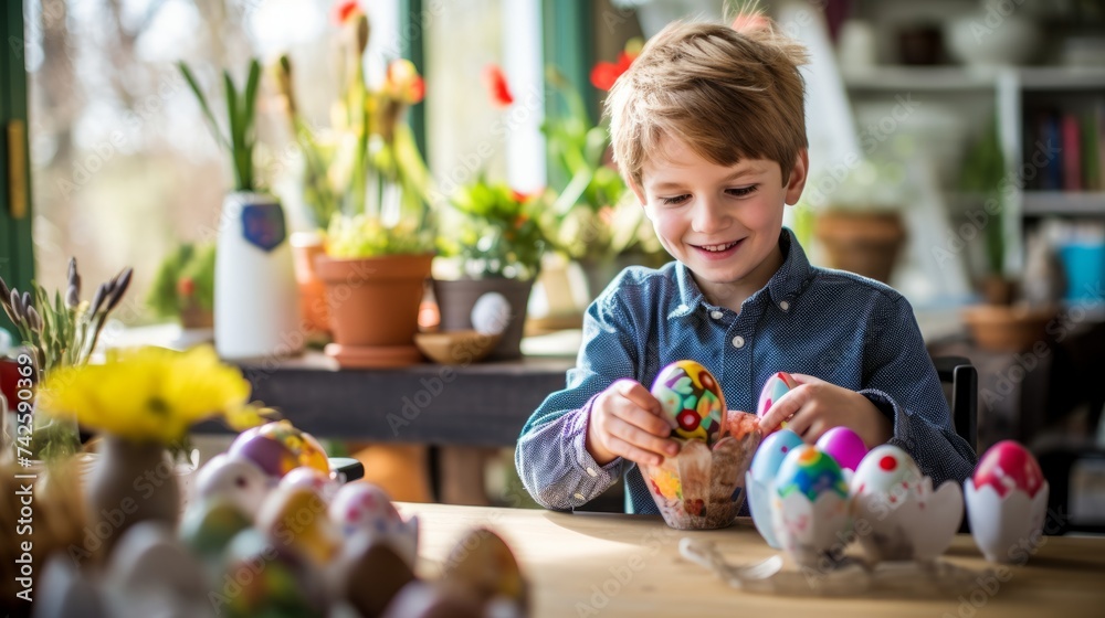 Fototapeta premium Smiling boy coloring easter eggs